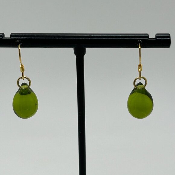 Handmade Green Teardrop Glass Earrings With Sterling Silver Wire Hooks For Women - Picture 9 of 15